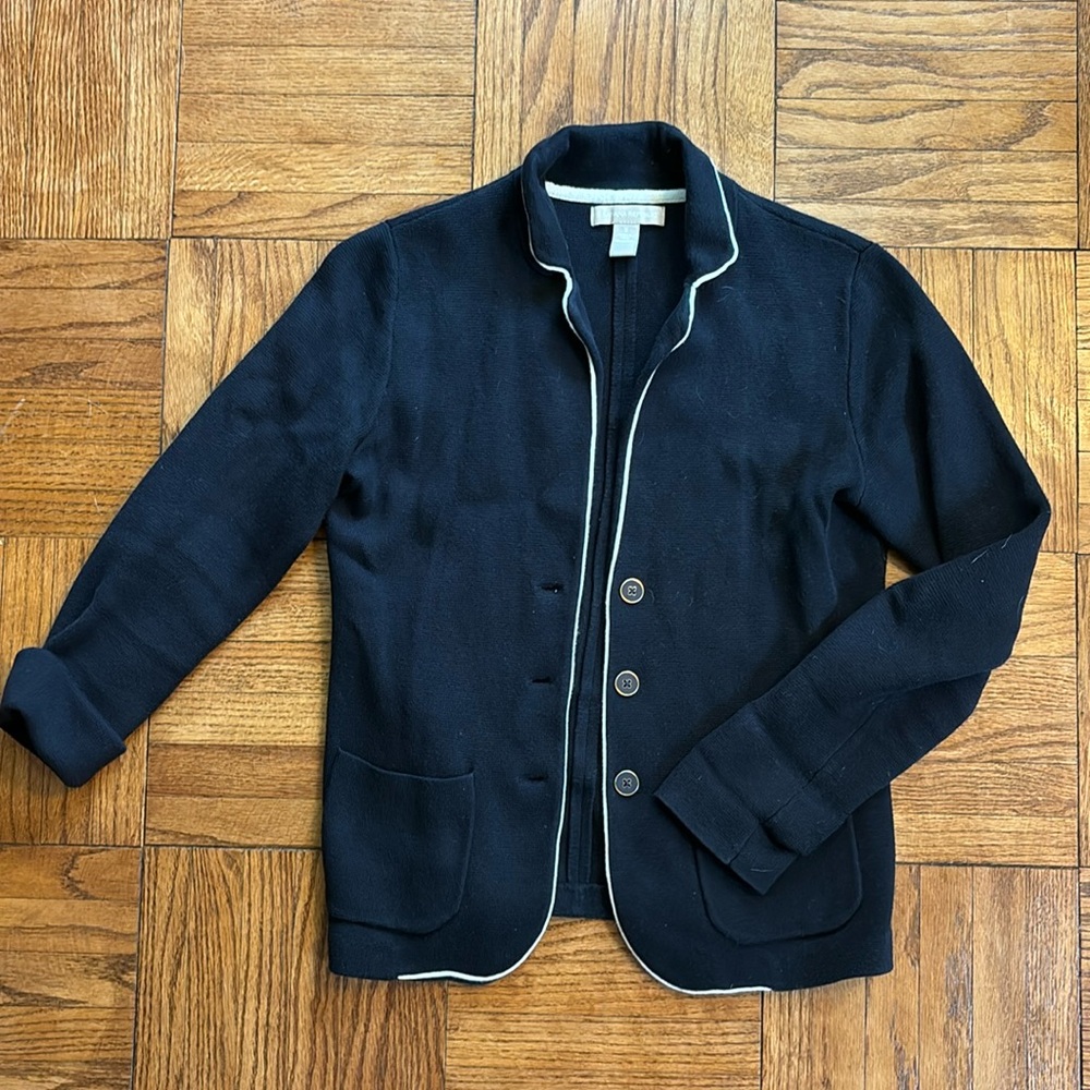 Banana Republic Navy Knit Cropped Blazer with White Piping and Pockets